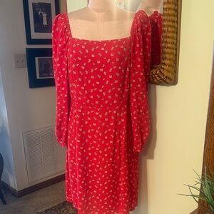 Sanctuary Red Floral Square-Neck Long Sleeve Midi Dress